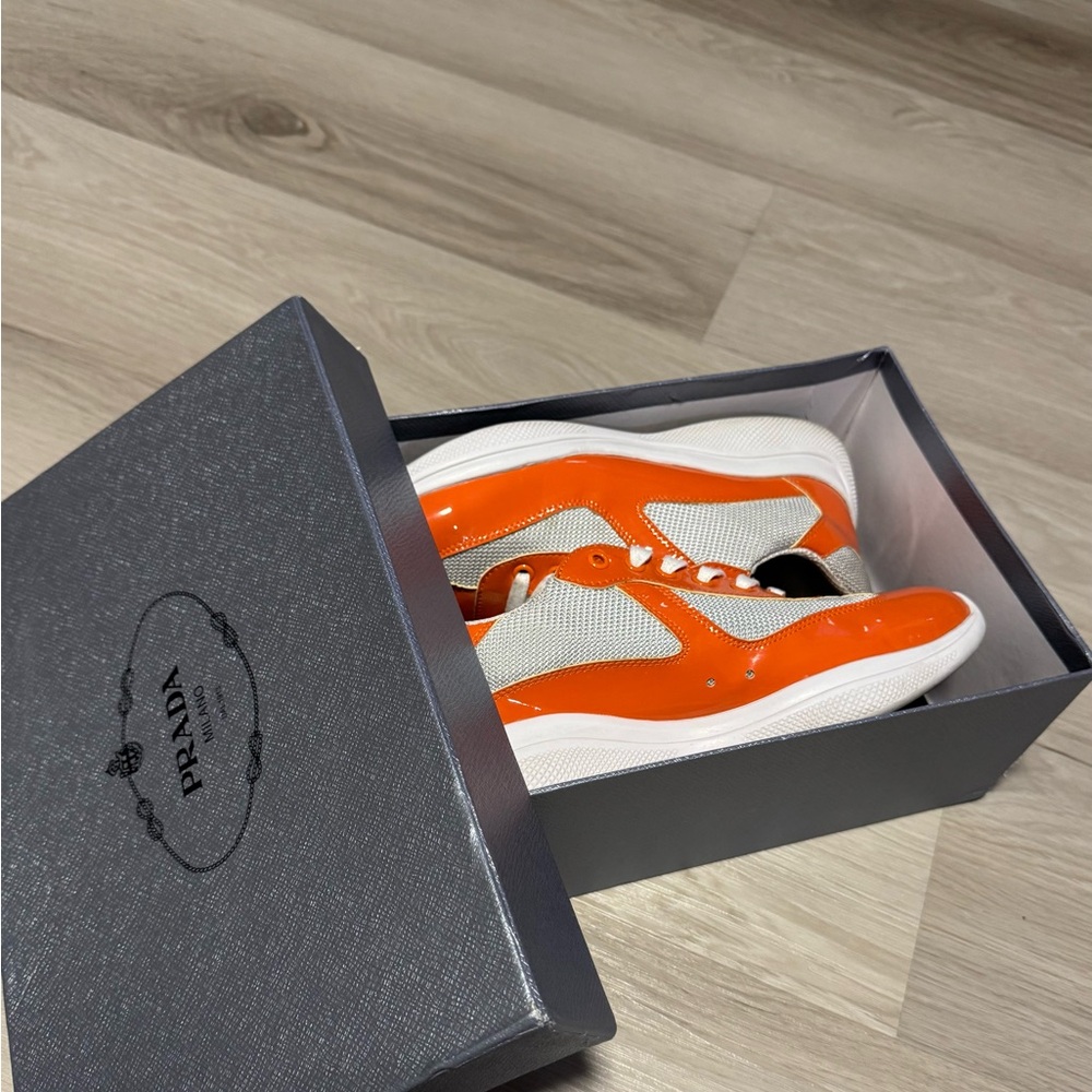 Prada Men’s America’s Cup Patent Leather Orange/White Sneakers 9 U.S (42)